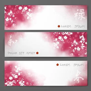 Three banners with pink sakura cherry flowers and place for your text Stock Illustration