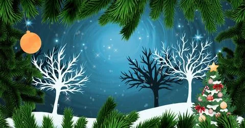Three bare trees standing on snowy hill under stars, boughs framing, decorated Illustrazione stock