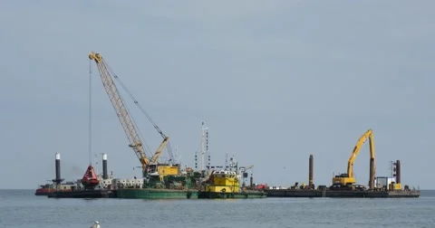 Three Barges Work At The Sea Big Barge With Crane Barge With Yellow Excavator Stock Footage 54225364