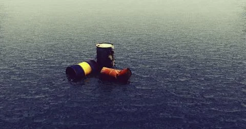 Three barrels float in calm water during a gray overcast day Illustrazione stock