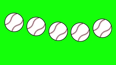Three baseball balls on a green screen and animated chromakey background depth Stock Footage 345496884