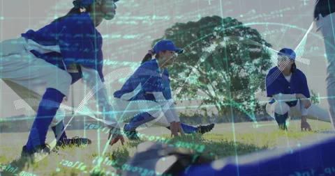 Three baseball players initiating warm-up stretches on grass field with Stock Footage 312905048