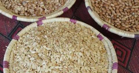 Three baskets full of argan nuts seeds and nutshells Stock Footage 105028622