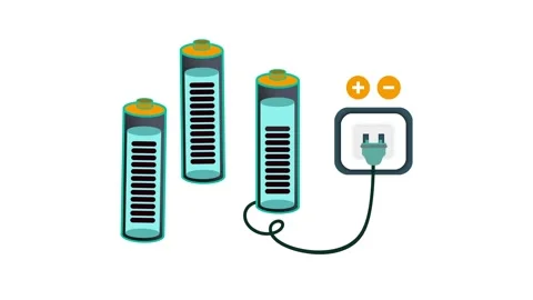 Three batteries being charged through an electrical outlet, energy storage 스톡 동영상 282188571