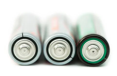 Three batteries close up Foto stock
