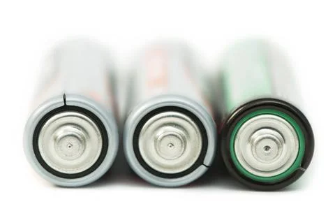 Three batteries close up Three batteries close up. White isolated studio s... Foto stock