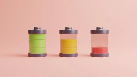 Three batteries with different charge of energy on a light pink background Stock Illustration