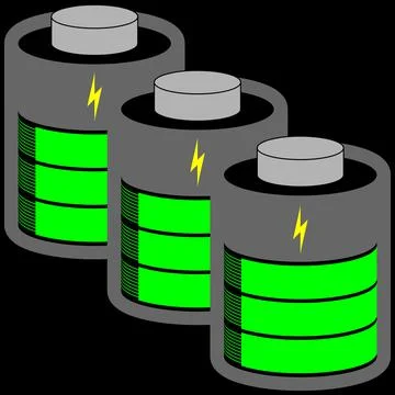 Three battery cells fully loaded with green status bar Stock Illustration
