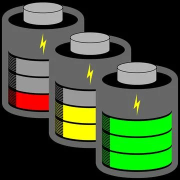Three battery cells fully, medium and low loaded with green, yellow, red status Stock Illustration