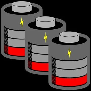 Three battery cells low loaded with red status bar Stock Illustration