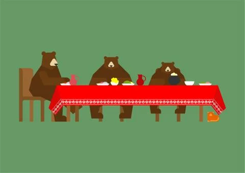 Three bears at table eating. Fabulous animals. Beast from a fairy tale Stock Illustration
