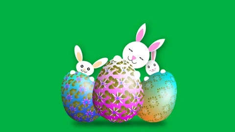 Three beautiful bunny behind the decorated easter egg Stock Footage 266787840
