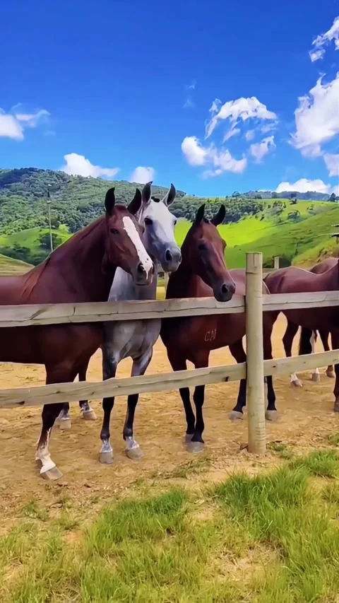 Three beautiful horses standing together behind a wooden fence in a lush green Vidéo 334268660