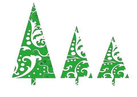 Three beautiful New Year trees of different sizes with green balls Stock Illustration