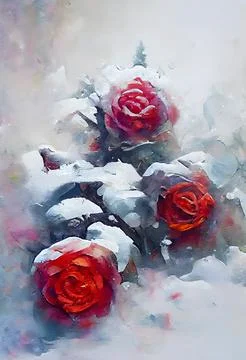 Three beautiful Scottish roses in the snow. The artistic effect of the picture Stock Illustration