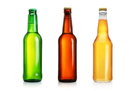 Three beer bottles without label isolated on white. Stock Photos