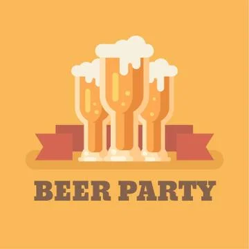 Three beer glasses on orange background flat illustration. Beer party banner Illustrazione stock