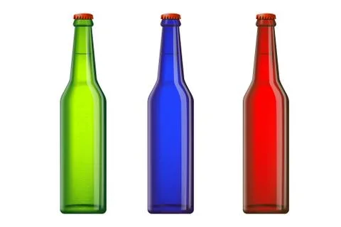 Three beer or another drink bottles - green, blue and red. Reali Stock Illustration