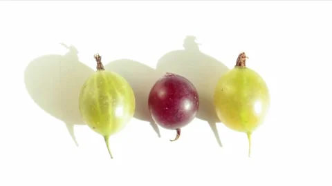 Three berries, red and green gooseberries on a white background, roll off-screen Stock Footage 159658830