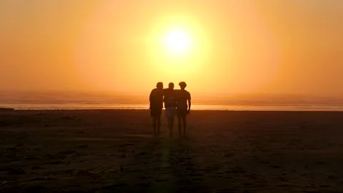 two friends walking in the sunset