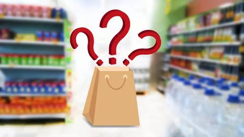 Three big red 3d question marks over shopping bag on blur supermarket Stock Photos
