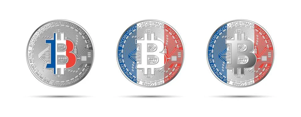 Three Bitcoin crypto coins with flag of France. Money of the future 스톡 일러스트