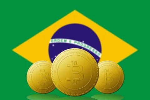 Three Bitcoin cryptocurrency with BRASIL flag on background. Иллюстрация