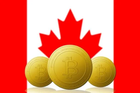 Three Bitcoin cryptocurrency with CANADA flag on background. Иллюстрация