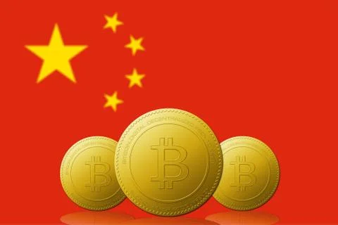 Three Bitcoin cryptocurrency with CHINA flag on background. Иллюстрация