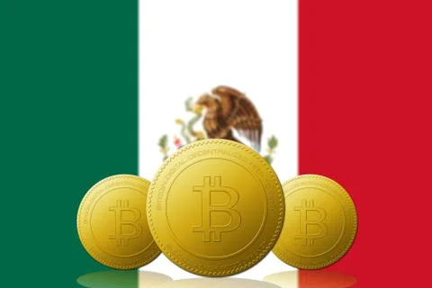 Three Bitcoin cryptocurrency with MEXICO flag on background. Stock Illustration