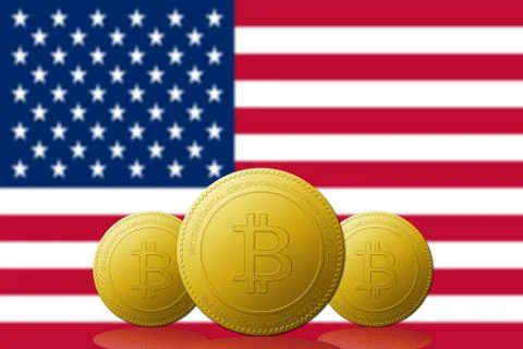 Three Bitcoin cryptocurrency with USA flag on background. Illustrazione stock