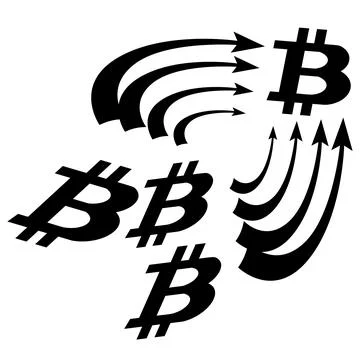 Three bitcoin silhouettes are combined by arrows into one btc silhouette Stock Illustration