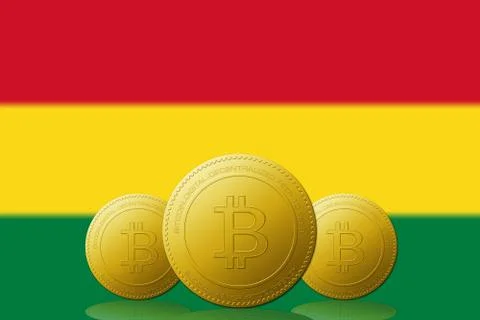 Three Bitcoins cryptocurrency with Bolivia flag on background. Stock Illustration