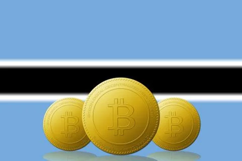 Three Bitcoins cryptocurrency with Botswana flag on background. Иллюстрация