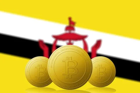 Three Bitcoins cryptocurrency with Brunei flag on background. Stock Illustration