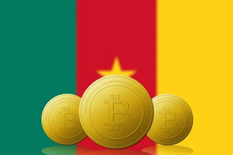 Three Bitcoins cryptocurrency with Cameroon flag on background. Иллюстрация