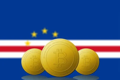Three Bitcoins cryptocurrency with  Cape Verde flag on background. Stock Illustration