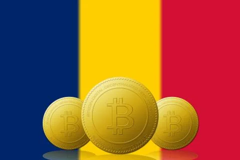 Three Bitcoins cryptocurrency with Chad flag on background. Stock Illustration