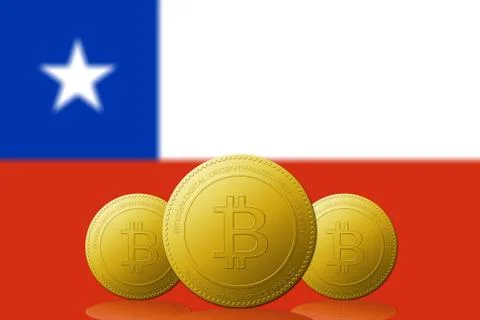 Three Bitcoins cryptocurrency with Chile flag on background. Stockillustratie
