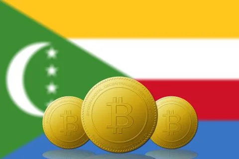 Three Bitcoins cryptocurrency with Comoros flag on background. Stock Illustration