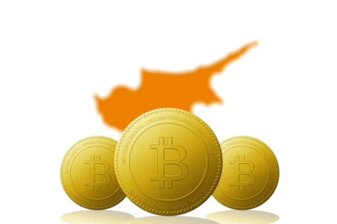 Three Bitcoins cryptocurrency with Cyprus flag on background. Illustrazione stock
