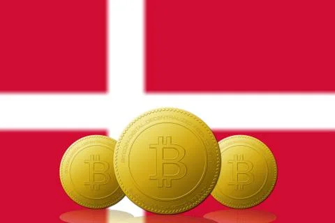 Three Bitcoins cryptocurrency with Denmark flag on background. Иллюстрация