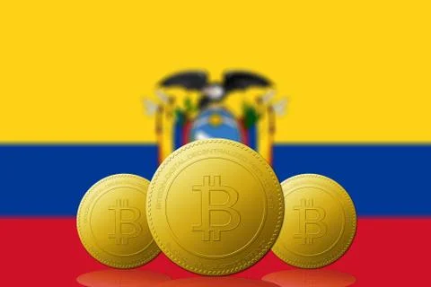 Three Bitcoins cryptocurrency with ECUADOR flag on background. Иллюстрация