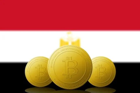 Three Bitcoins cryptocurrency with Egypt flag on background. Stock Illustration
