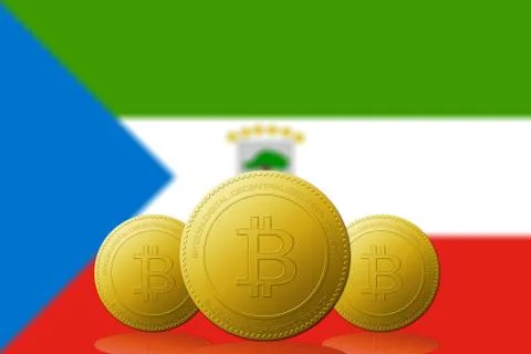 Three Bitcoins cryptocurrency with Equatorial Guinea flag on background. Stock Illustration