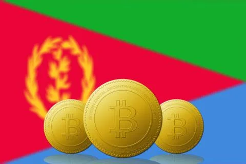 Three Bitcoins cryptocurrency with Eritrea flag on background. Stock Illustration
