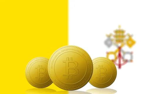 Three Bitcoins cryptocurrency with flag on background. Stock Illustration