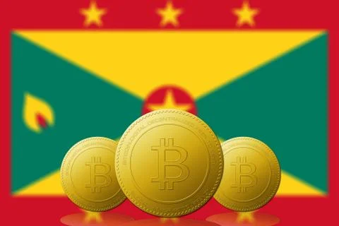 Three Bitcoins cryptocurrency with GRENADA flag on background. Stock Illustration