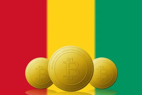 Three Bitcoins cryptocurrency with Guinea  flag on background. Stock Illustration