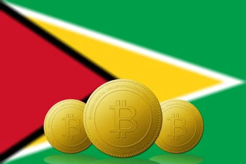 Three Bitcoins cryptocurrency with Guyana flag on background. Stock Illustration